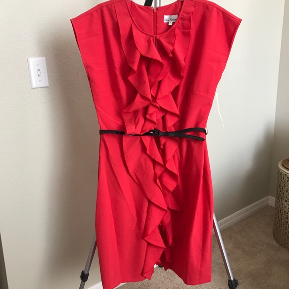 Sleeveless coral dress with ruffle down front - Picture 2 of 5